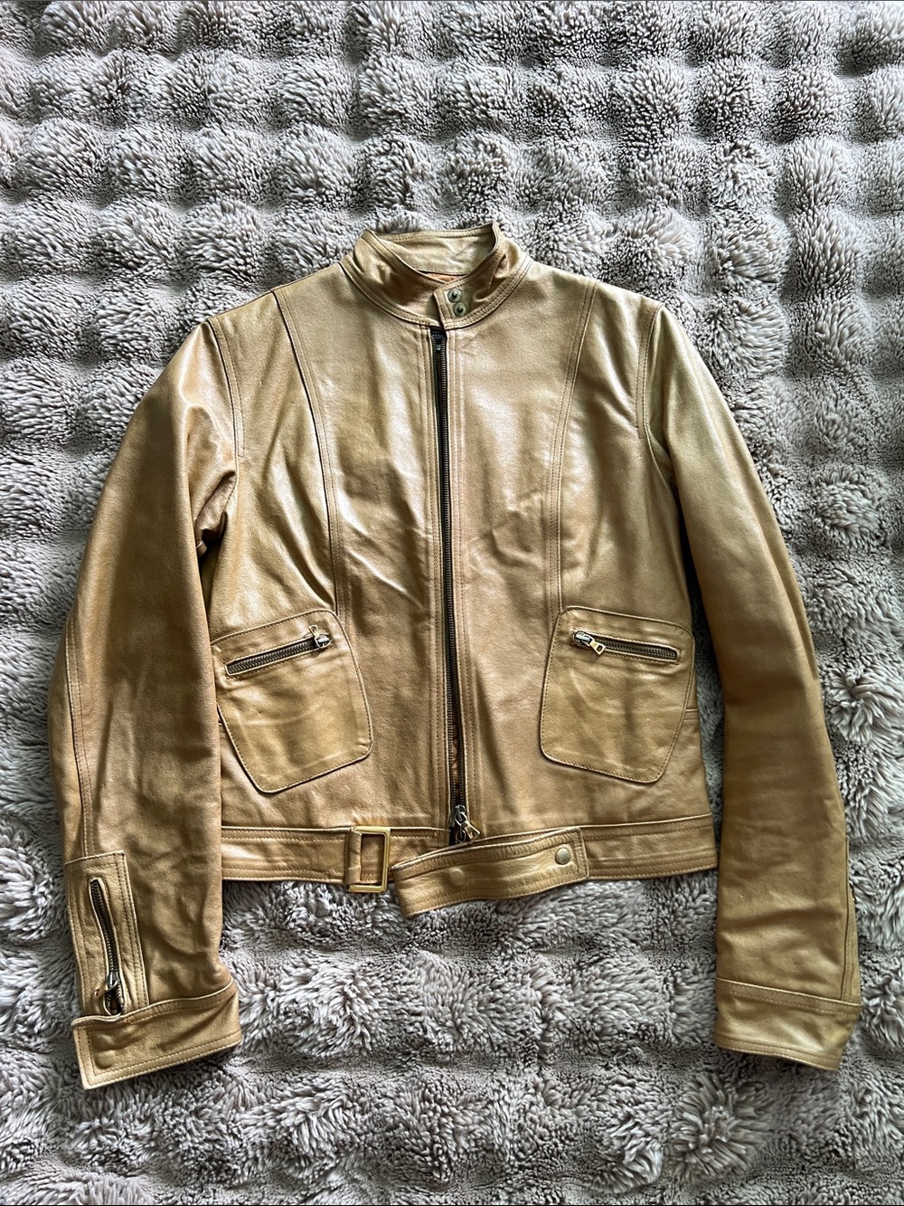 Tan Leather Moto Jacket with Belt